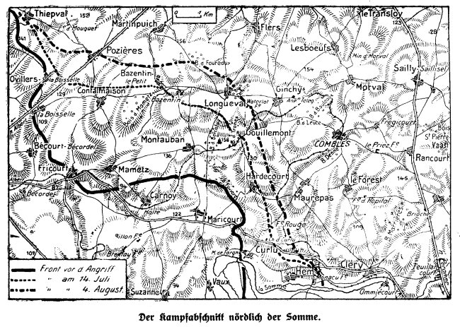 Karte vom Kampfabschnitt nrdlich der Somme